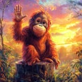 This 3D illustration shows a friendly orangutan with a waving hand sitting on a tree stump surrounded by lush greenery with a Royalty Free Stock Photo