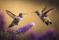 A couple of hummingbirds flying around purple flowers, blurred yellow trees background, generative AI