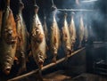 Smoked fish hanging in a traditional smokehouse with rising smoke Generative AI Royalty Free Stock Photo