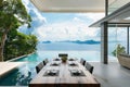 Generative AI Image of Dining Table in Modern Hotel Resort with Swimming Pool in Summer Royalty Free Stock Photo
