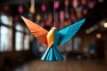 Generative AI Image of Dove from Origami Paper Craft Hanging with Thread in the Room