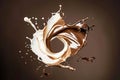 Dynamic splash of chocolate and milk colliding, creating mesmerizing effect for culinary arts and food.