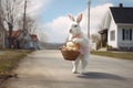 Generative AI image of an easter bunny walking down a country road