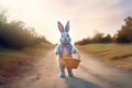 Generative AI image of an easter bunny walking down a country road