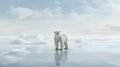 This generative AI image exhibits a polar bear on a small ice cap, surrounded by scattered small ice formations, indicative of Royalty Free Stock Photo