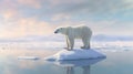 This generative AI image exhibits a polar bear on a small ice cap, surrounded by scattered small ice formations, indicative of Royalty Free Stock Photo