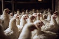Generative AI image of a factory farm shed with broiler chickens