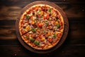Generative AI Image of Fast Food Delicious Pizza Served on Wooden Plate in Restaurant