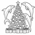 Three playful dolphins decorating a Christmas tree.