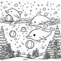 Three playful dolphins swimming and playing with balls.