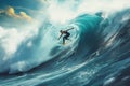 Generative AI Image of Female Athlete Surfing Big Waves in Sea Ocean Royalty Free Stock Photo