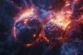 Generative AI Image of Fiery Meteor Rocks with Dangerous Explosion in Outer Space