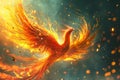 Generative AI Image of Fiery Phoenix Bird Flapping Wings Flying in Dark Sky