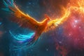 Generative AI Image of Fiery Phoenix Bird Flying in Beautiful Galaxy Sky