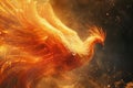 Generative AI Image of Fiery Phoenix Bird Flying in Dark Sky