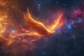 Generative AI Image of Fiery Phoenix Bird Flying Flapping Wings in Galaxy Sky