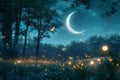 Generative AI Image of Fireflies and Dragonfly Flying in the Forest with Crescent Moon at Night Royalty Free Stock Photo