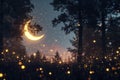 Generative AI Image of Fireflies Flying in the Forest with Crescent Moon in Night Sky Royalty Free Stock Photo