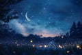 Generative AI Image of Fireflies Flying in Meadow with Crescent Moon in the Night Sky Royalty Free Stock Photo