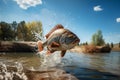 Generative AI Image of Fish Jumping Out of River with Nature View in Bright Day Royalty Free Stock Photo