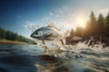 Generative AI Image of Fish Jumping Out of Water with Nature View in Bright Day Royalty Free Stock Photo