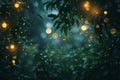 Generative AI Image of Foliage Plants in the Garden at Night with Fireflies and Bokeh Lights Royalty Free Stock Photo