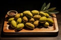 Generative AI Image of Fresh Green Olives Fruit on Wooden Tray