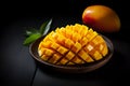 Generative AI Image of Fresh Mango Fruit Slices in Wooden Bowl on Dark Background Royalty Free Stock Photo