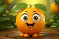 Generative AI Image of Fresh Orange Fruit Cartoon Character with Cute Smile on Nature Background