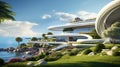 Generative AI Image of Futuristic Hotel Resort Building with Sea Landscape in Bright Day