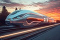 Generative AI Image of Futuristic Modern Train Passing Railway Track with Quickly at Sunset Royalty Free Stock Photo