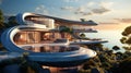 Generative AI Image of Futuristic Resort Hotel Building with Nature View in Bright Day