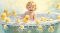 A giggling young child immersed in a warm bath, encircled by a fleet of adorable rubber duckies Royalty Free Stock Photo