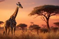 Generative AI Image of Giraffe Animal with Prairie in African Savanna at Sunset