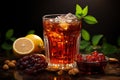 Generative AI Image of a Glass of Sweet Iced Tea with Fruits on Wooden Table Royalty Free Stock Photo