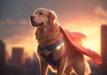 Generative AI image of a golden retriever dressed as a super hero in a city landscape