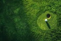 Generative AI Image of Golf Ball and Mini Hole with Copy Space in Green Field Background Royalty Free Stock Photo