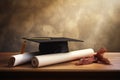 Generative AI Image of Graduation Cap with Diploma Roll on Wooden Table