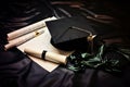 Generative AI Image of Graduation Cap with Diploma Rolls on Black Cloth Background