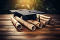 Generative AI Image of Graduation Caps with Diploma Rolls on Wooden Table