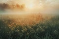 Generative AI Image of Grass with Plants in Meadow with Thick Fog Background Royalty Free Stock Photo