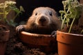 Generative AI Image of Groundhog Marmot Animal Hiding in Plant Pot