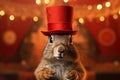 Generative AI Image of Groundhog Marmot Wearing Red Hat in Circus Magic Show