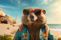 Generative AI Image of Groundhog Marmot Wearing Sunglasses Holiday on the Beach