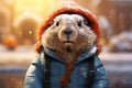 Generative AI Image of Groundhog Marmot Wearing Warm Clothes in Snow Winter Season