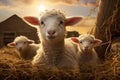 Generative AI Image of a Group of Cute Sheep in the Animal Pen at Sunset