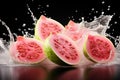 Generative AI Image of Guavas Fruit Slices with Water Splashing on Dark Background