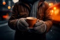 Generative AI Image of Hands Wearing Gloves in Winter with Holding a Cup of Coffee