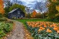 Generative AI Image of Harvested Pumpkin at Farm House Yard on Side of Path Wallpaper