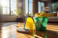 Generative AI Image of Home Cleaning Service with Bucket Mop Brush on Clean Floor Royalty Free Stock Photo